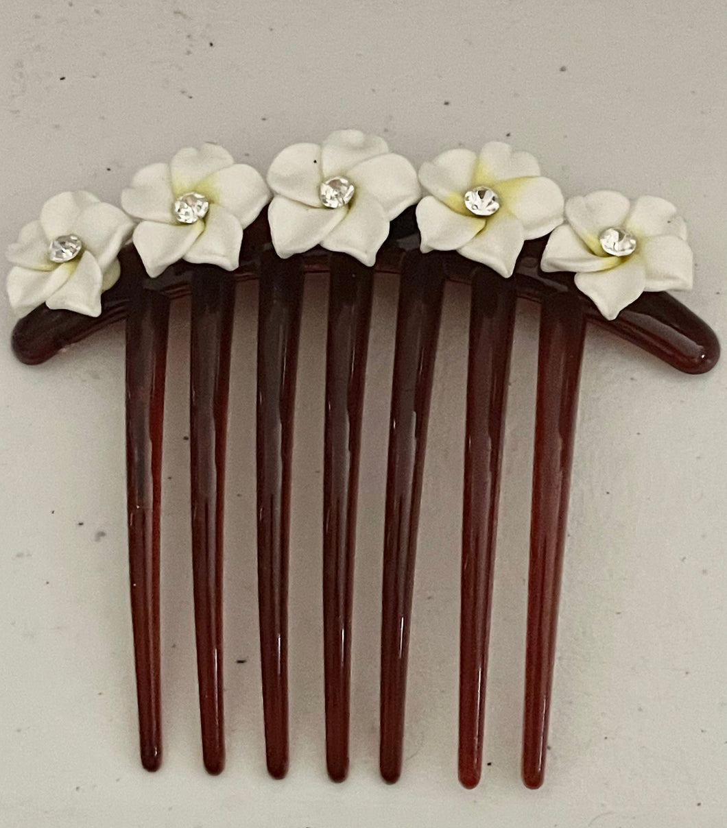 White Plumeria Rhinestone Comb
